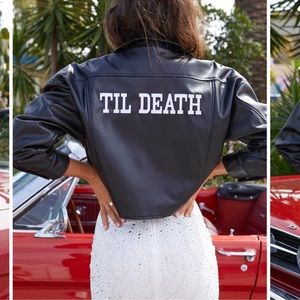 12th Tribe Til Death Vegan Leather Moro Jacket sz S and white bridal gloves